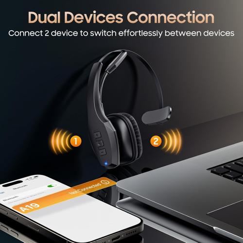 Trucker Bluetooth Headset, Wireless Headset with Mic, Bluetooth Headsets with Dual Noise Cancelling Microphone & Mute Button, 55Hrs Working Time PC Headsets for Cell Phones, Computer, Truck Driver