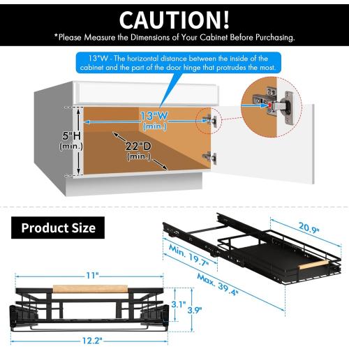 KES Pull Out Cabinet Organizer, 12 Wide Kitchen Bathroom Cabinet Drawer Heavy Duty Under Cabinet Slide Out Organizer Storage Shelves, Wooden Handle with Soft Close Black, KPO501W30D53-BK