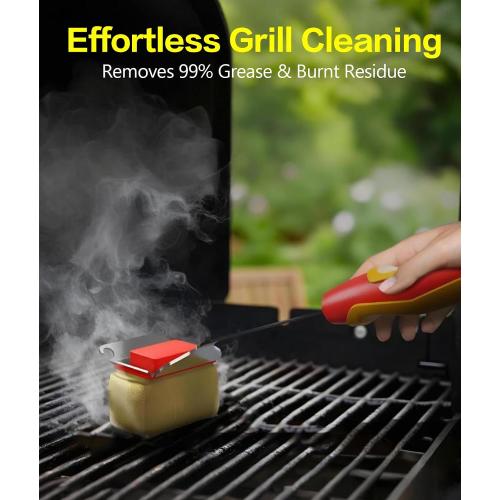Grill Brush for BBQ, Heavy Duty Stainless Steel Grill Cleaner with 8 Wooden Handle & Scraper, Heat-Resistant Bristles for Gas, Charcoal Grills, Griddles, Oven, Camping Accessories (Red)