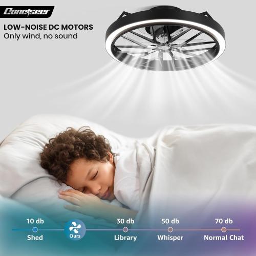 Conciseer Low Profile Ceiling Fan with Lights, 20 Inch Ceiling Fan with Light and Remote for Bedroom Living Room, 36W 3CCT Dimmable, 7 Blades 6 Speed Reversible Quiet DC Motor, LED 36W, Black