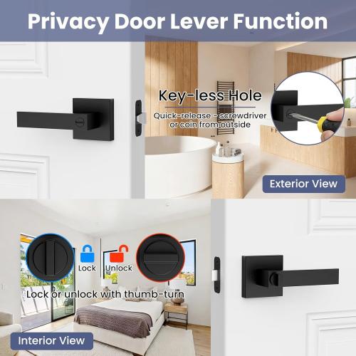 Estmoon 5 Pack Matte Black Door Handles Interior Door Knobs, Keyless Privacy Bedroom Door Lock, Heavy Duty Zinc Alloy Home Improvement Door Leverset for Bedrooms Bathrooms‼️1 has been opened‼️