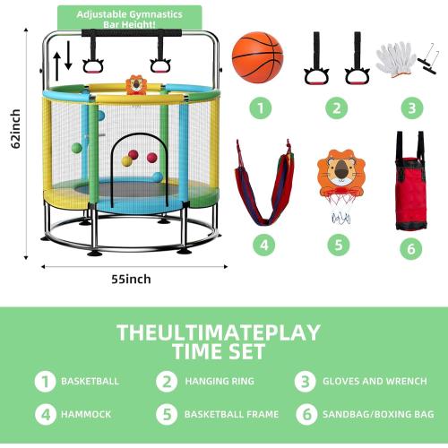 55 Trampoline for Kids,Up to 440 Ibs Mini Trampoline with Anti-Rollover Round Bottom,Indoor & Outdoor Toddler Trampoline with Safety Enclosure,Adjustable Gymnastics Bars,Basketball Hoop