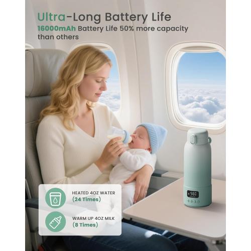 Portable Bottle Warmer Extended Battery Life - Dual Heating Modes for Breast Milk & Water, 17 Ounces, Fast Heating, Ideal for Travel, Outdoor, Baby Shower, Green