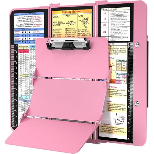 Nursing Clipboard Foldable, Foldable Clip Board w/Nursing Edition Cheat Charts, 3 Layers Aluminum, Nurse Plank w/Low Profile Clip&Pen Clip Pocket for Students, Nurses and Doctors, Pink