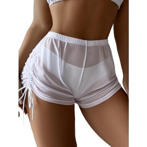 Size XS Color White Women's Drawstring Side Mesh Sheer Beach Summer Cover Up Shorts Bikini Bottoms
