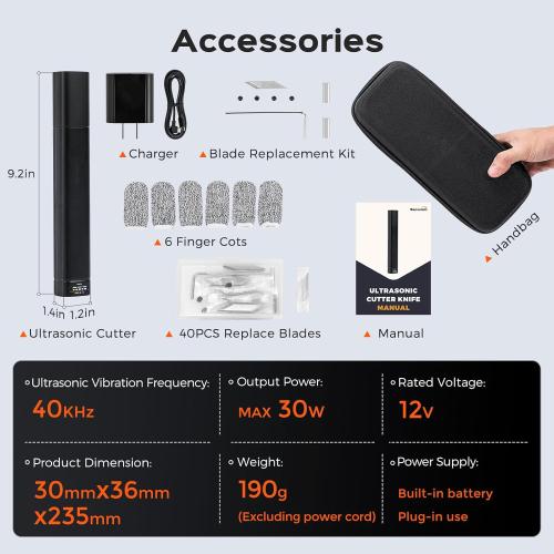 Bonvoisin Ultrasonic Cutter Knife Crodless Handheld 30W 40KHz with Rechargeable Battery, 50 Replacement Blades for Plastic, Acrylic, Carbon Fiber Sheets, Thin Circuit Boards, 3D Printed Models