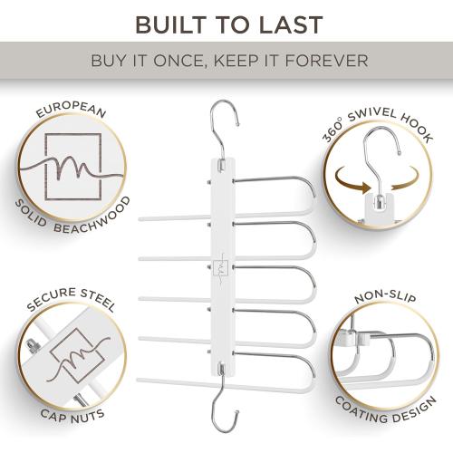 White MORALVE Pants Hangers Space Saving - European Beechwood Scarf and Jean Hangers - Closet Organizer and Space Saver Pant Rack, Leggings Hanger, and Scarf Holder with 360° Swivel Hook (1 Pack)