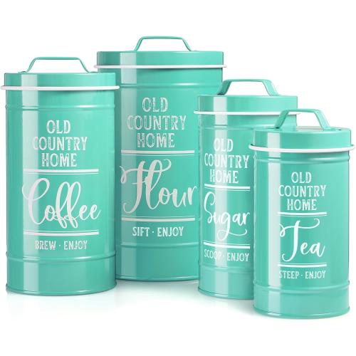 Teal Canisters for Kitchen Counter, Airtight Kitchen Canisters for Countertop, Flour and Sugar Containers, Tea Coffee Sugar Canister Set, Turquoise Kitchen Decor and Accessories, Set of 4