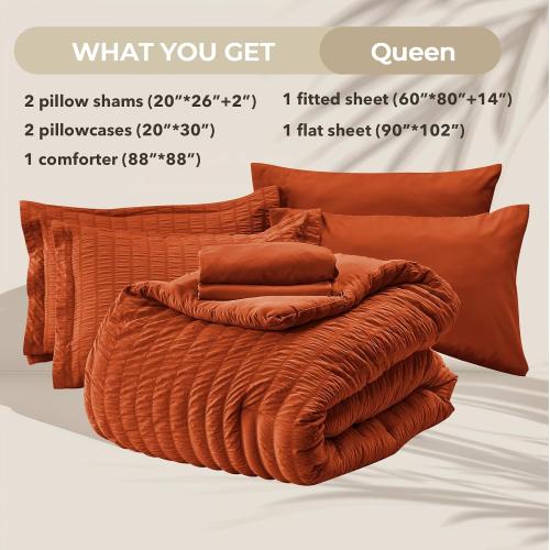 HYMOKEGE Burnt Orange Queen Comforter Set Seersucker 7 Pieces, All Season Luxury Bed in a Bag for Bedroom, Bedding Set with Comforters, Sheets, Pillowcases & Shams
