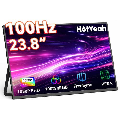 HotYeah 23.8 100Hz Portable Monitor, 1080P FHD 100% sRGB IPS USB-C HDMI Large External Monitor, Home Gaming 2nd Screen w/180° Adjustable Kickstand for MacBook, Laptop, PC, Phone, Tablet, Switch, PS5