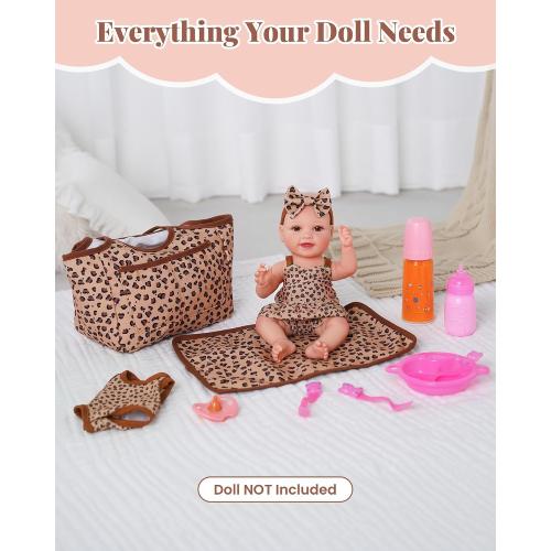 BABESIDE 13Pcs Baby Doll Clothes and Accessories for 10-12 inch Dolls, Baby Doll Feeding and Care Set with Carry Bag, Bottles, Tableware, Baby Doll Outfit for Doll Girl Boy (Leopard Pattern)