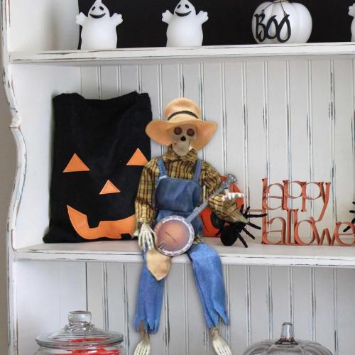 Color Red and yellow plaid Halloween Banjo Playing Skeletons - Dueling Poseable Skeletons with Light, Red & Yellow