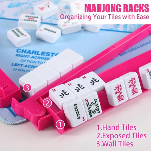 LaRandom 4 Pcs 18.7 Inch Hot Pink Acrylic Mahjong Tile Racks with Pushers for Game Night American Mahjong Racks Tile Set for Mah Jong Lovers and Beginners