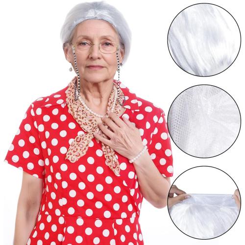 10Pcs Old Lady Costume 100 Days of School Wig Glasses Necklace Earrings Kerchief Stockings Cane for Halloween