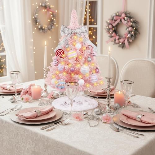 Mini Pink Christmas Tree with Lights, 2ft Artificial Small Table Top Christmas Tree with Bow, Ball Ornaments and White Tree Skirt, 24 Pcs DIY Xmas Decorations for Kids, Toddler Room