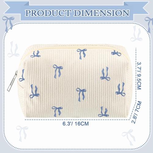 Dansydaisy Small Makeup Bag for Purse Blue Bow Corduroy Cosmetic Bag