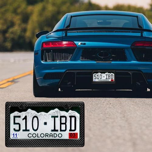 Real Carbon Fiber License Plate Frame, 100% Pure Carbon Fiber Frame, Black License Plate Holder Cover with Screw Caps, Anti-Vibration Pads, (Twill 2 Hole)
