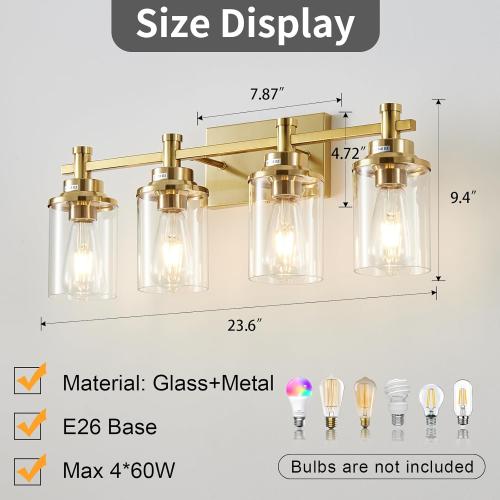 4 Light Brushed Brass Vanity Light Over Mirror, Gold Bathroom Fixtures, Vintage Wall Sconce With Clear Glass Shade, Brushed Gold Lights for Bathroom