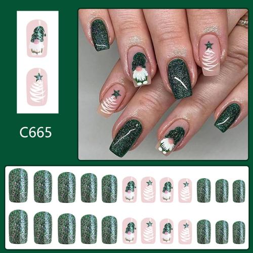 Christmas Press On Green Glitter Gnome Glue On Medium Square False Nails - Winter Xmas Acrylic Nails for Women & Girls