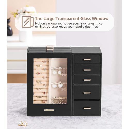 Homde Large Jewelry Box/Organizer/Case with Glass Window, Drawers for Necklaces Earrings Rings Bracelets Watches Gift for Women Girls