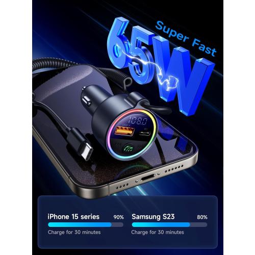 77W Bluetooth 5.4 FM Transmitter Car Adapter [PD3.0 65W 12W Fast Charging] Bluetooth Car Adapter [Deep Bass&Lossless Call Sound] Radio Bluetooth Transmitter for Car HiFi Mic & Colors LED Display