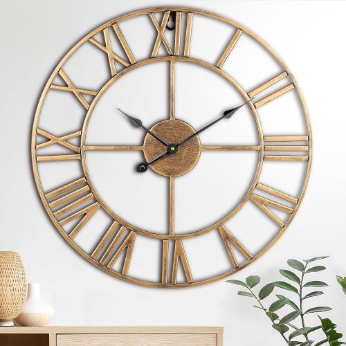 Large Wall Clock, 24-Inch(60CM) Roman Numeral Decorative Art Wall Clock,Completely Silent, Non Ticking, Battery-Operated Metal for Living Room, Bedroom and Kitchen-Copper Gold