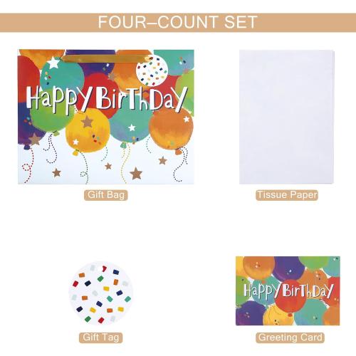 Loveinside Colorful Birthday Gift Bag, Balloons Pattern with HAPPY BIRTHDAY Text, Matching Tissue Paper, Greeting Card and Tag, Ideal for Kids' Birthday Gifts, 13 x 5 x 10, 1 Pcs