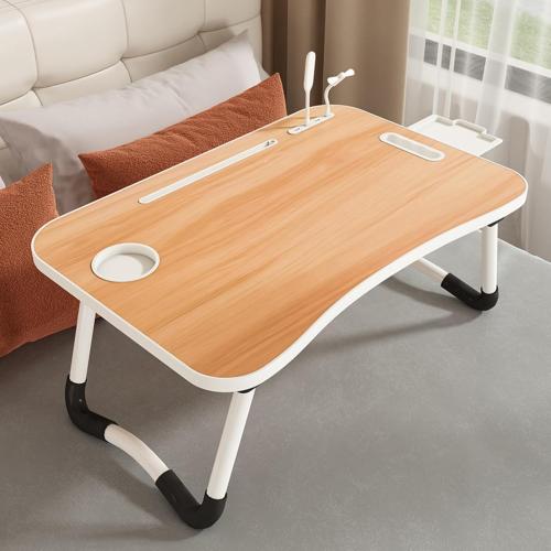 Portable Laptop Stand for Bed with Cup Holder, USB Fan, Night Light，Storage Drawer, Foldable Legs, Tablet Stand for Bed Sofa (Black Brown)