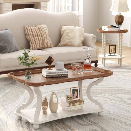Function Home Farmhouse Coffee Table, 2-Tier Center Table with Storage Shelf, 39.8 French Country Rectangle Accent Table with Natural Tray Top and Curved Legs for Living Room Balcony, Vintage White