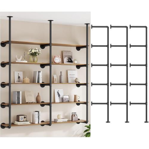 Pynsseu Industrial Iron Pipe Shelf Wall Mount, Farmhouse DIY Open Bookshelf, Pipe Shelves for Kitchen Bathroom, bookcases Living Room Storage, 3Pack of 5 Tier.
