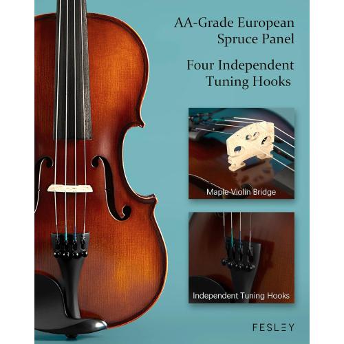 Fesley 4/4 Violin Fiddle Full Set: Matt Violin Kit for Beginners, Acoustic Violin with Hard Case, Solidwood Hand Made Starter Kit with Bow, Shoulder Rest, Tuner, Extra Strings