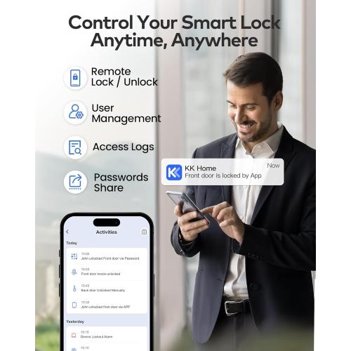 TEEHO TE012W WiFi Smart Lock, Fingerprint Door Lock with Built-in Wi-Fi, Keyless Entry Keypad Smart Deadbolt, App Remote Control, Alexa Compatible, IP55 Waterproof for Front Door – Matte Black