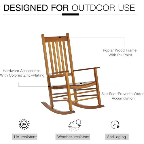 PatioJoy Outdoor Rocking Chair, Patio Wooden Rocking Chair with Smooth Armrests, High Back for Garden, Balcony, Porch, Supports Up to 353 lbs, Hazel