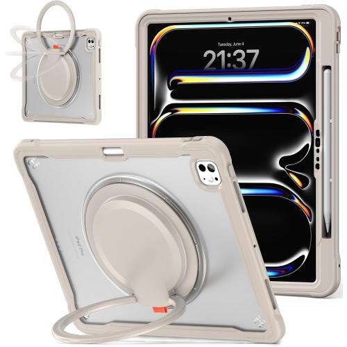 Batianda iPad Pro 13 inch Case 2024 M4 Chip Lightweight Dual-Layer Protective Tablet Cover, Durable Shock-Absorbing Corners with 360° Rotating Retractable Kickstand Ring Built-in Pen Slot, Khaki