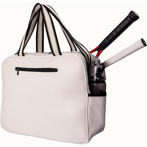 White PU Leather Women Large Sports Handbag Tennis Racket Shoulder Bag Tennis Tote Bag for 2 Rackets, with Water Bottle Holder