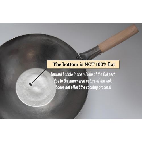 Craft Wok Flat Hand Hammered Carbon Steel Pow Wok with Wooden and Steel Helper Handle (14 Inch, Flat Bottom) / 731W316
