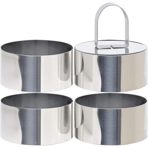 HULISEN 3” Round Cake Ring Mold, Stainless Steel Cooking Crumpet Rings | 4 Food Forms & 1 Pusher, Dishwasher Safe, Home Cooks and Bakers, Tuna Tartare, Pancakes, Salads and Mousse