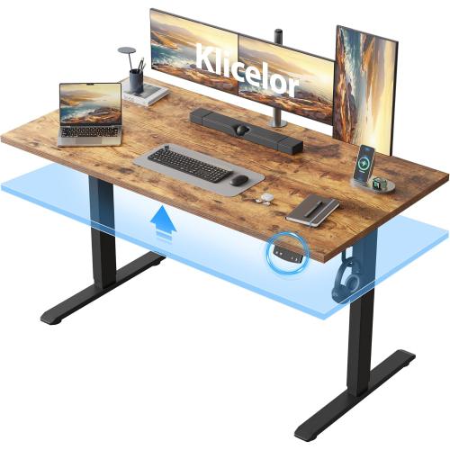 Klicelor 55 Inch Large Electric Standing Desk, Height Adjustable Office Desk, Sit Stand Up Computer Gaming Desk with Memory Preset, Two-Piece Desktop, Rustic Brown