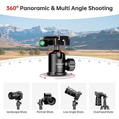 TONYBOO 61.5 Camera Tripod, Aluminum Tripod Monopod with Arca Swiss Ball Head, Heavy Duty Lightweight Reversible Travel Tripod for DSLR Mirrorless Camcorders Phone, Max Load 22 lbs