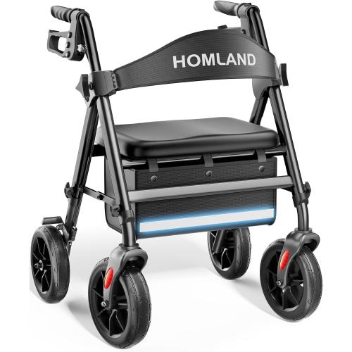 HOMLAND Foldable Walker for Seniors with Seat, 17lb Lightweight, Ergonomic | 350lb Capacity, 8 All-Terrain Wheels, Adjustable Height, Easy to Assemble, Ergonomic Seat, Lightweight Aluminum Frame, Black
