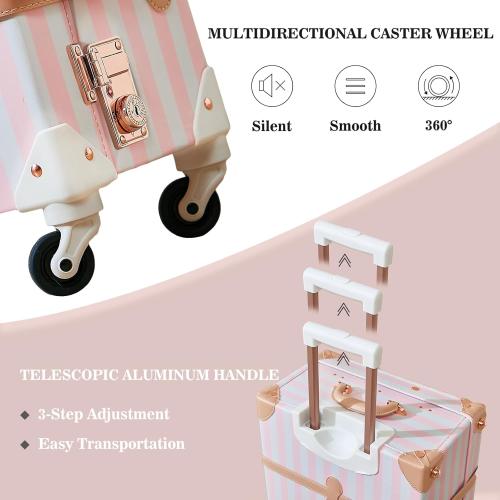 UNIWALKER Vintage Luggage Set, 2 Piece Faux Leather Carry on Suitcase with Spinner Wheels TSA Lock and Cosmetic Train Case for Women, Pink Strip, 20 12