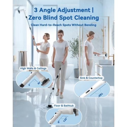 Electric Spin Scrubber, Hillyfe Bathroom Scrubber Electric with 7 Replaceable Brush Heads, IPX7 Waterproof,300/400 RPM, 3 Adjustable Length,Scrubber Brush Electric for Bathtub Floor,White