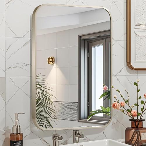 Brushed Nickel Bathroom Mirror, Framed Rectangle Mirror with Rounded Corner, Brushed Mirror, Silver Bathroom Mirror for Over Sink, Vanity, Living Room, Bedroom, Horizontal/Vertical