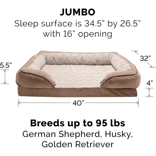 Furhaven Cooling Gel Dog Bed for Large Dogs w/ Removable Bolsters & Washable Cover, For Dogs Up to 95 lbs - Plush & Velvet Waves Perfect Comfort Sofa - Brownstone, Jumbo/XL