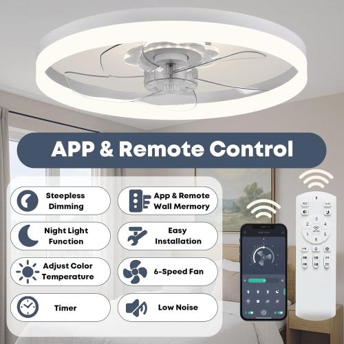 20‘’ Ceiling Fan with Light, Upgraded Low Profile Fan, Flush Mount Ceiling Fan, 6 Speeds, Dimmable LED, App & Remote Control, Quiet DC Motor, for Bedroom, Living Room, F115 White
