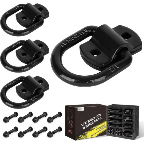 AUTOBOTS 1/2 Heavy Duty Bolt-On Forged D Ring, 12000Lbs Break Strength Tie Down Anchors Hooks, for Trailers, Trucks, and Cargo Tie Downs (Pack of 4) Black