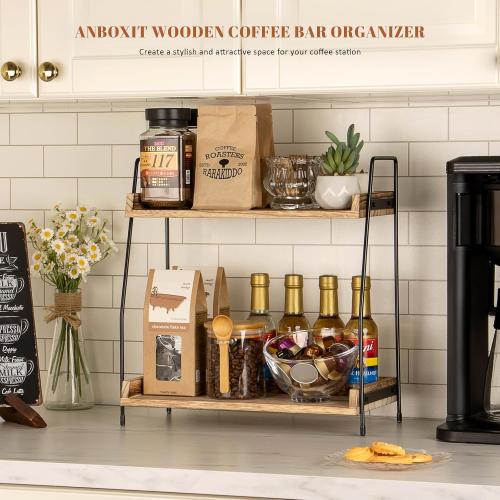 ANBOXIT Countertop Coffee Station Organizer, 2 Tier Wooden Shelf