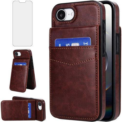 Phone Case for iPhone 16e/SE 2025/SE 4 with Tempered Glass Screen Protector and Credit Card Holder Wallet Cover Stand Leather Cell Accessories i Phone16e i16e 16 e SE4 4th Generation 16eCase Brown