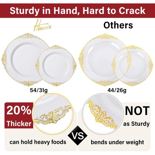 Hioasis 350pcs White and Gold Plastic Plates - Elegant Disposable Dinnerware Set Include 10.25 Dinner & 7.5 Dessert Plates, Knives, Forks, Spoons, Napkins, Cups for Party & Thanksgiving