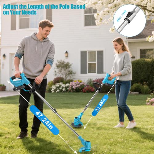 Weed Wacker, Cordless String Trimmer 21V with 2 Batteries 2.0Ah, 2 Types Metal Blades Powered Grass Trimmer, Pruning Shears, Adjustable Pole Weed Trimmer for Garden and Yard Lawn, Blue